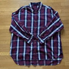 GU オーバーサイズ長袖シャツ　チェック　レッド　L