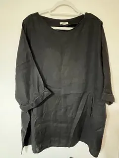 studio CLIP チャコール　リネン五分袖チュニック スリット入り