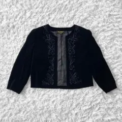HARDY AMIES ベロア 花柄 刺繍 ノーカラー ジャケット M 黒 9