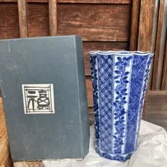 箱入 龍峰窯 前畑 福 染付 反型花瓶 (小)高さ約20.7cm