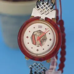 POP Swatch クォーツ 腕時計 レッド 刺繍デザイン - メルカリ