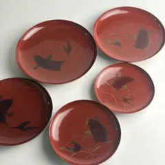 明治 朱塗 金蒔絵 漆器 木製 五ツ組 大盃 5点セット 直径約23.5cm