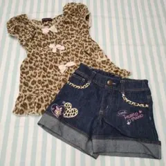 メゾピアノ　ヒョウ柄トップスとデニムショートパンツセット 110cm