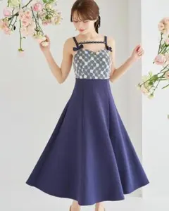 リボン付きフラワービジュー装飾バックレースアップキャミワンピース　　ネイビー