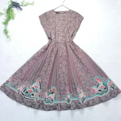 洗える♡昭和レトロワンピース　総柄　ボタニカルストライプ　茶　13　古着　日本製