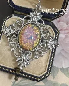 英国製 ヴィンテージペンダント ピンクファイアオパールガラス