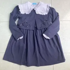 ネイビー フリル付韓国風ブラウスとボレロ付冠婚葬祭ドレスのセット