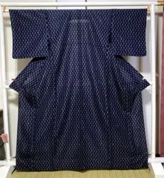 A◇着物くつろぎ 夏物 格子模様 藍染 綿麻 小紋 薄物 絽 紗 着物 12
