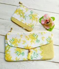 ミモザ柄❀フラットポーチ2点set