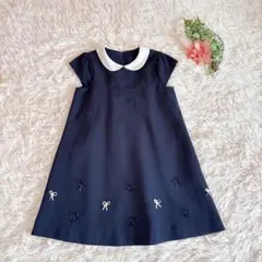 美品フォーマルワンピース半袖丸襟りぼん付きネイビー紺130センチ