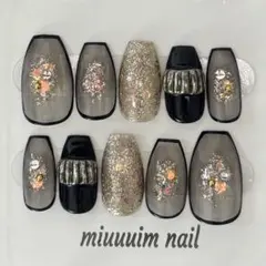 ネイルチップ 黒 キラキラ 韓国 ワンホン フレンチガーリー 推し活ネイル