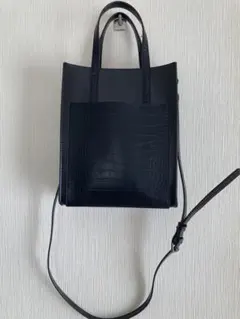 【美品】クロコ型押し ミニトートバッグ ブラック 2way ショルダー付き