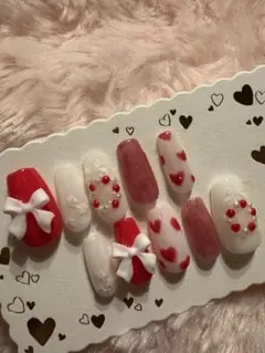 クリスマスネイル レッドandホワイト ハート クリスマスリース リボン ラメ