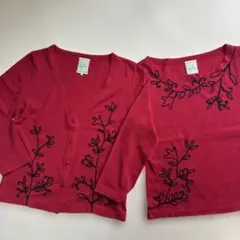 【Sybilla】こっくりとした深紅　コード刺繍ニットアンサンブル　M
