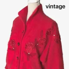ヴィンテージ⭐️花柄刺繍 ふわふわアンゴラ カーディガン 大きいサイズ 鮮やか赤