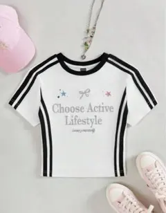 レディース 半袖tシャツ クロップド丈 ストラップ リボン 星 刺繍ロゴ