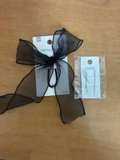 透け感　リボン付き　ヘアゴム　ヘアピン　２点セット　おしゃれ　かわいい　大人