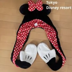 ディズニーリゾート　ミニーマウス フード　マフラーファンキャップ　手袋付