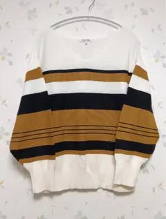 美品 GLOBAL WORK 配色ボーダーVネックニット Lホワイト