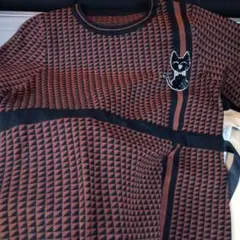猫刺繍付きブラウンニット七分長袖