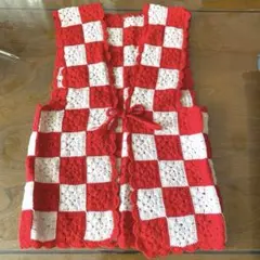 【古着】赤白チェック柄ニットベスト かぎ編み レトロ ガーリー
