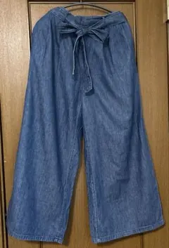 【値下げ】　ウエストリボン付き デニムワイドパンツ