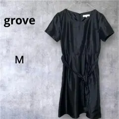 【美品】 グローブ フォーマル ワンピース M 黒 ベルト付き 結婚式 ワールド