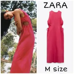 ZARA　カットアウトディテール入りミディ丈ワンピース　Mサイズ　フクシアピンク