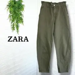 5843【ZARA】ペーパーバックデニムパンツ ウエストゴム カーキ XSのサムネイル