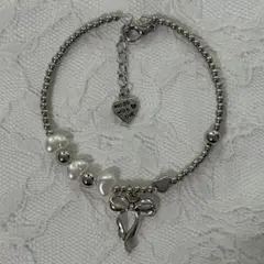 リボンチャームブレスレットパールビーズ×シルバーY2Kフェアリーグランジガーリー