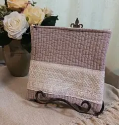 インド刺繍リボン　ヌビ　マルチポーチ　大　グレージュ