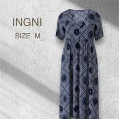INGNI ペイズリー 総柄 ワンピース 膝下丈 ネイビー M 半袖