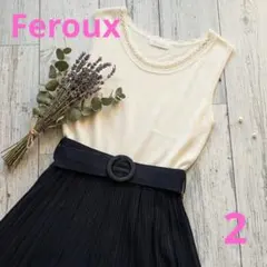 美品✨Feroux パール付ドッキングワンピース 紺 白 ニット プリーツのサムネイル