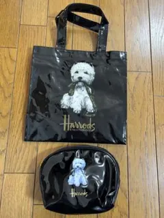 Harrods トートバッグとポーチ セット　黒　テリア犬