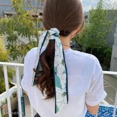 【新品】 ヘアーアクセサリー リボン スカーフ バッグチャーム 髪飾り 緑 花柄