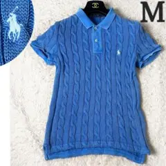ラルフローレン ケーブルニット 半袖 ワンポイント刺繍 ロゴ ブルー M