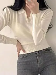 襟付きポロニットセーターポロシャツ韓国ストリート可愛いオフホワイト白色量産型