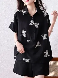ゆったり オシャレデザイン 刺繍 半袖 ブラウス プラスサイズ 通勤