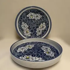 青色花柄陶器大皿セット