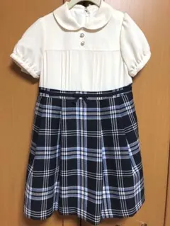 組曲　フォーマルドレス ホワイト・ネイビー チェック柄　110