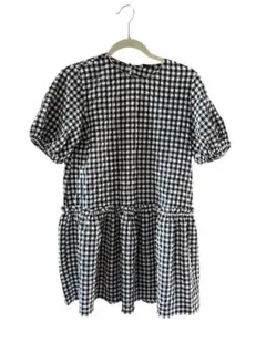 ZARA パフスリーブ半袖フリルチェック柄チュニック　XS