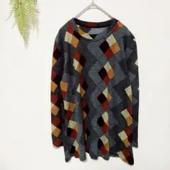 ヴィンテージ アーガイル柄長袖カットソー マルチカラー ゆるだぼ 派手 古着