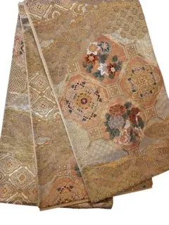 美品 袋帯 正絹 金糸 亀甲花文 華やか フォーマル 約436cm 礼装用