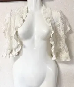 半袖ボレロ カーディガン オフホワイト 花柄レース フリル XL 透け編み