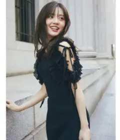 リボン付きシフォンプリーツフリル切り替えリブニットワンピース tocco