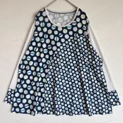 【美品】ミゼール ドット柄切り替え長袖カットソー チュニック 紺×白 LLのサムネイル