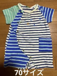RAG MART ロンパース 70cm 青と白のストライプ 半袖 綿100%
