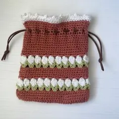 【大人気♡】手編み チューリップの巾着ポーチ　オレンジ　小物入れ 1点物