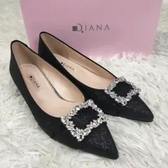 【美品】DIANA ビジューバックル ラメフラットパンプス ブラック 24cm