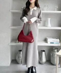 グレー ニット ロングワンピース ポロ襟